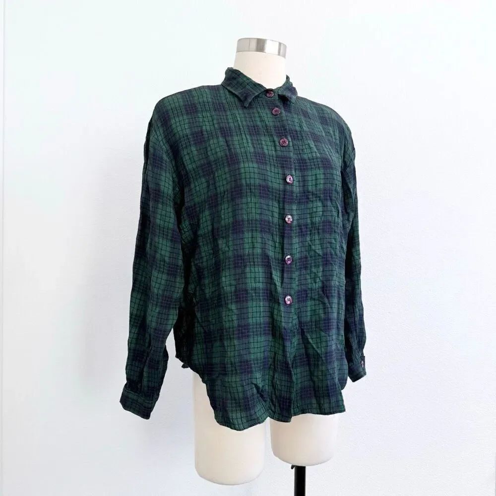 Vintage Van Heusen Green Blue Plaid Secretary Blouse Large